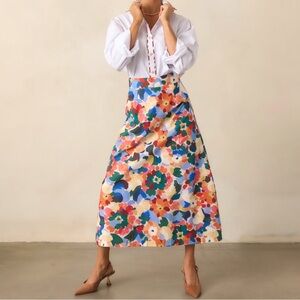 NWT Prosperina River Midi Skirt Cotton Orange Multi Floral Print